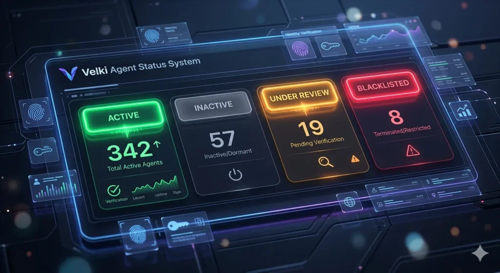 Velki Agent Status System 2026 showing Active, Inactive, Under Review and Blacklisted agents in a futuristic dashboard design